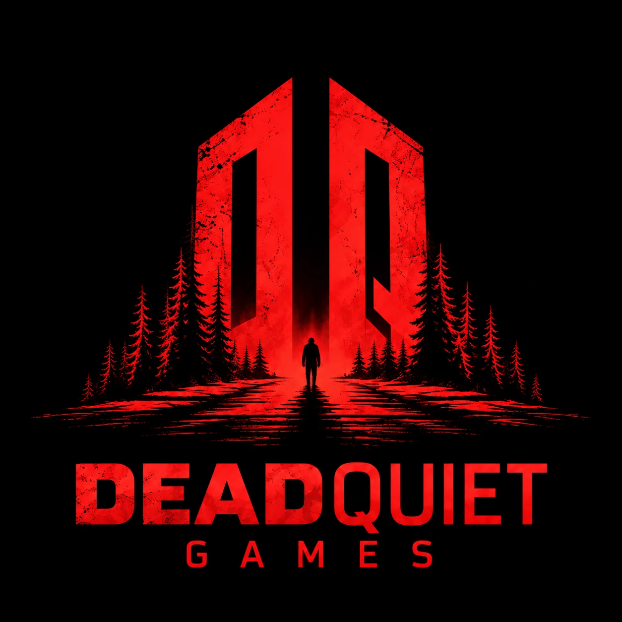 DeadQuiet Games official logo showing red DQ monolith towers, pine trees and a lone silhouette